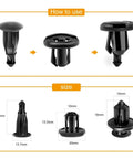 Universal Push Type Bumper Fasteners And Rivet Clips Kit With 150 Pieces In Two Sizes For Auto Body Bumper Fender Clips Replacement And Included Fastener Removal Tool By GOOACC, showing close-up and size dimensions of 8mm and 10mm nylon clips.