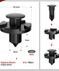 100 Pcs Nylon Bumper Rivet Clips Set For Nissan Vehicles 8mm Hole OEM Replacement 01553 093210 with dimensions and usage shown