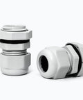 10 Pack Nylon Cable Glands Half Inch NPT IP68 Weatherproof Cord Grip With Adjustable Strain Relief For 6 To 12mm Cable Diameter Tough As Nails Panel Mount Grey, front and side view.