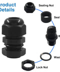 Three Eighths Inch NPT Cable Glands Nylon Waterproof Adjustable Cord Grips with Locknut and Gaskets, showing parts including sealing nut and washer