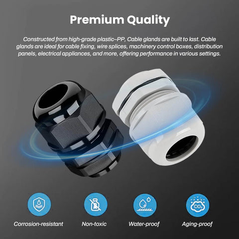 Image of two 32-38mm Threaded Cable Glands With Gasket And Washer, Nylon PA Plastic Cord Grip, ideal for electrical boxes.