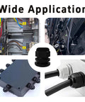 Collage showing 5 Pack PG21 Nylon Cable Gland Connectors Waterproof IP68 With Adjustable Locknut Protectors installed in various setups.