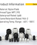 Assorted sizes of All Weather IP68 Waterproof Nylon Cable Gland Connectors PG7 With Locknut And Gaskets shown in various views.