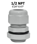 10 Pack Nylon Cable Glands Half Inch NPT IP68 Weatherproof Cord Grip With Adjustable Strain Relief For 6 To 12mm Cable Diameter Tough As Nails Panel Mount Grey, showing single white gland with size marking.