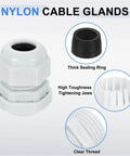 Six Pack Nylon Cable Glands One Half Inch NPT Waterproof Cord Grip Connectors, focusing on components like sealing ring and tightening jaws.