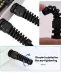 Durable Nylon Cable Gland Half Inch Diameter Wire Waterproof Strain Relief With Tight Clamp And O Ring Seal IP68 NPT Half Inch For Outdoor Electrical Boxes, 10 Pack shown installed and in hand for demonstration.