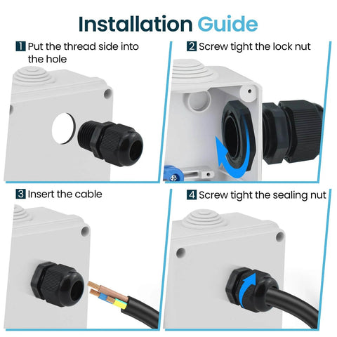 Installation guide for Ten Pack One Half Inch NPT Strain Relief Nylon Cord Grip With IP68 Waterproof Adjustable Cable Glands.