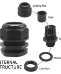 Exploded view of 1-1/4 Inch Nylon PA66 Black Cable Glands, IP68 Waterproof, 10 Pack, Adjustable Strain Relief Cord Grips showing components.