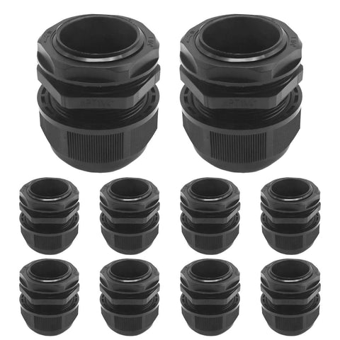 1-1/4 Inch Nylon PA66 Black Cable Glands, IP68 Waterproof, 10 Pack, Adjustable Strain Relief Cord Grips displayed in rows