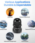 M22x1.5 Nylon Cable Gland Waterproof IP68 Black Cord Gripper Fitting With Adjustable Sealing Nut Strain Relief RoHS Compliant