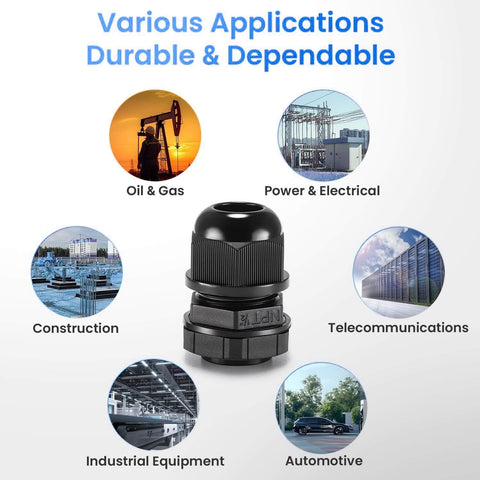 M22x1.5 Nylon Cable Gland Waterproof IP68 Black Cord Gripper Fitting With Adjustable Sealing Nut Strain Relief RoHS Compliant