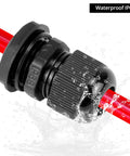 1/2 Inch NPT Nylon Cord Grip Cable Glands Waterproof IP68 Strain Relief Pack Of 20 Black installed on red cable