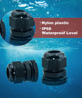 25 Pack Nylon Plastic Cable Glands Waterproof Adjustable PG7 7/64 To 1/4 Inch 3mm To 6.5mm Sealed Wire Joint Protectors With Gaskets For Reliable Moisture Proofing, Insulation, And Anti Aging on blue water background.