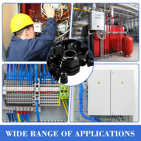 Image showing 100 Piece Nylon Cable Gland Kit With Five Sizes 3 To 25 Mm Includes PG7 PG9 PG13.5 PG21 And PG29 Waterproof NPT Weatherproof Strain Relief Pass Through Cord Gland Connectors used in various electrical applications.
