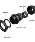 Exploded view of Pro Grade Nylon PG9 Cable Glands Kit For DIY Home Garden Projects 4 To 8mm Adjustable IP68 Waterproof with washer, nut, and seal ring.