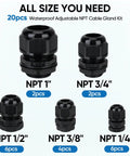 IP68 Waterproof Cable Gland Kit, Nylon NPT Adjustable Cable Seals, shown in five sizes for outdoor junction boxes, black