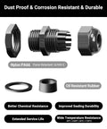 All In One IP68 Nylon Cable Gland Kit With 50 Waterproof Cord Grips Pro Grade Versatility For PG7 PG9 PG11 PG13.5 PG16 Wire Entry Grommets For Panels, Lighting And Industrial Wiring, Durable Strain Relief Black components exploded view