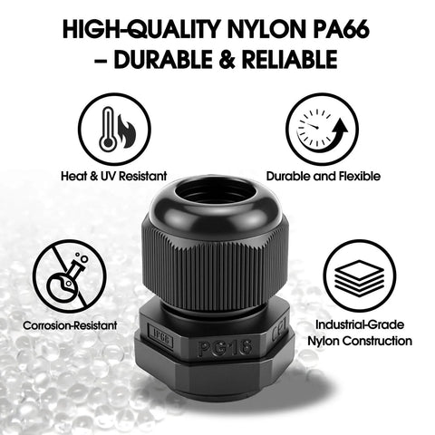 25 Pack Cable Gland Kit With IP68 Waterproof Nylon Cord Grips PG7 to PG16 with PG16 gland, heat and corrosion resistant