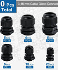 Waterproof Nylon Cable Gland Kit With 50 Pieces, 3-16 mm Range, Includes PG7 PG9 PG11 PG13.5 PG16 PG19, IP68 Plastic Glands
