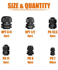 32 Pieces Nylon Cable Gland Kit Waterproof IP68 Adjustable 3 To 18mm With NPT 3/4 NPT 1/2 And PG13.5 PG11 PG9 PG7 Threaded Glands Black