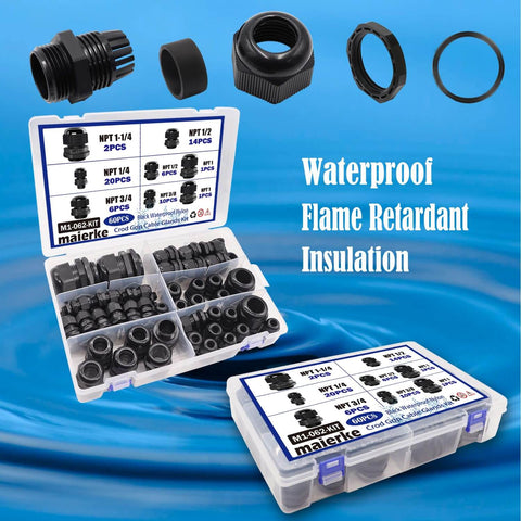 60Pcs Cord Grip Cable Glands Kit Waterproof IP68 Nylon PA66 Adjustable NPT One Quarter Inch Three Eighths Inch One Half Inch Three Quarters Inch One Inch With Gaskets Strain Relief Connectors For Outdoor Electrical Enclosures DIY Ready, featuring carrying case and various cable gland components.