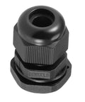 Image of Beefy Heavy Duty M16x1.5 Cable Gland for 4mm to 8mm wire holes, black nylon with adjustable locknut and washer, front view