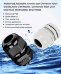 Black and white nylon PA plastic 32-38mm threaded cable glands with gasket and washer for electrical boxes, waterproof seal.