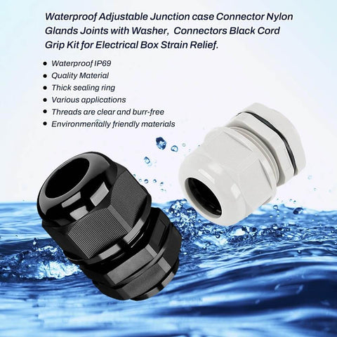Black and white nylon PA plastic 32-38mm threaded cable glands with gasket and washer for electrical boxes, waterproof seal.