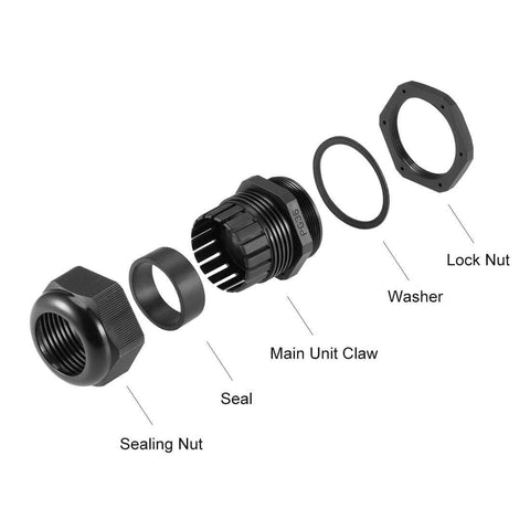 Exploded view of PG36 Cable Gland 22mm To 32mm Waterproof Nylon Wire Hole Joint With Washer Adjustable Locknut Black 6 Pack
