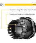 Close-up of All Weather IP68 Waterproof Nylon Cable Gland Connectors PG7 showing tilting claw design and wider groove for cables.