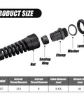 Exploded view of Nylon PG7 Cable Gland Waterproof With Strain Relief For 3mm To 6.5mm Wires, showing nut, clamp, sealing ring, washer, and lock nut.