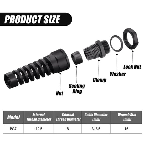Exploded view of Nylon PG7 Cable Gland Waterproof With Strain Relief For 3mm To 6.5mm Wires, showing nut, clamp, sealing ring, washer, and lock nut.