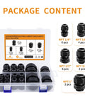 Waterproof Cable Gland Set Nylon NPT Adjustable 4 To 25 Mm 20 Pieces With Five Gasketed Models In PP Box Black layout with sizes