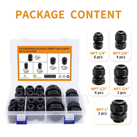 Waterproof Cable Gland Set Nylon NPT Adjustable 4 To 25 Mm 20 Pieces With Five Gasketed Models In PP Box Black layout with sizes