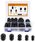Front view of Waterproof Cable Gland Set Nylon NPT Adjustable 4 To 25 Mm 20 Pieces With Five Gasketed Models In PP Box Black