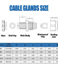 Must Have All Purpose Nylon Waterproof Cable Gland Kit size chart showing dimensions for PG7 PG9 PG11 PG13.5 PG16 models.