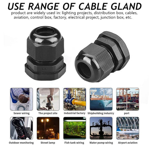 Front and side view of Three Quarter Inch NPT Nylon Cable Gland with Strain Relief and Adjustable Locknut for industrial use