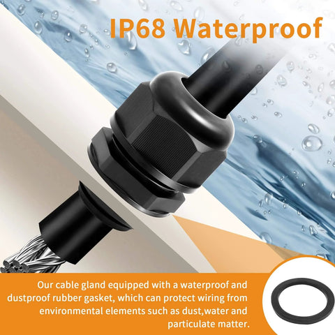 Waterproof Cable Gland Set Nylon NPT Adjustable 4 To 25 Mm in use with gasket sealing cables from water and dust.
