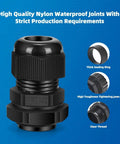 12 Pack 1/2 Inch NPT Cable Glands Waterproof Beefy Adjustable Strain Relief Connectors Nylon PA66 With Gaskets, displayed with features like thick sealing ring, high toughness tightening jaws, and clear thread.