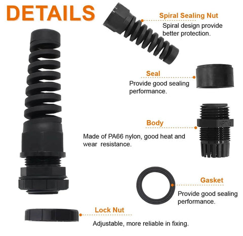 4 Pack NPT One Half Inch IP68 Waterproof Cable Glands For Seven To Twelve Millimeter Cables, showing spiral strain relief and gaskets