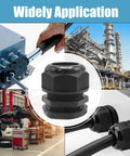 1-1/4 Inch Nylon PA66 Black Cable Glands, IP68 Waterproof, 10 Pack, Adjustable Strain Relief Cord Grips For Electrical, Industrial, And Automotive Use, Junction Box Connectors, Rugged Cord Seals in various applications