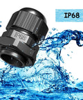 Waterproof IP68 black nylon cable gland with splash effect, part of 10 Pack Nylon Cable Glands Waterproof M20 X 1.5, 6-12 Mm Range Black Gland Connector For Home Garden And Outdoor Lighting, Easy Install With Locknut And Washer, Tough As Nails PA66 Seals For Weatherproof Wiring