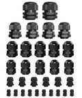32 Pieces Nylon Cable Gland Kit Waterproof IP68 Adjustable 3 To 18mm With NPT 3/4 NPT 1/2 And PG13.5 PG11 PG9 PG7 Threaded Glands For All Weather Ready Enclosures And Electrical Boxes Black