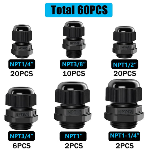 Image of 60Pcs Cord Grip Cable Glands Kit Waterproof IP68 Nylon PA66 Adjustable NPT sizes with gaskets for outdoor electrical enclosures.