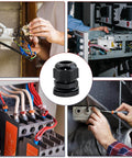 Collage of electrical installations with 25 Pack Nylon Plastic Cable Glands Waterproof Adjustable PG7 7/64 To 1/4 Inch 3mm To 6.5mm