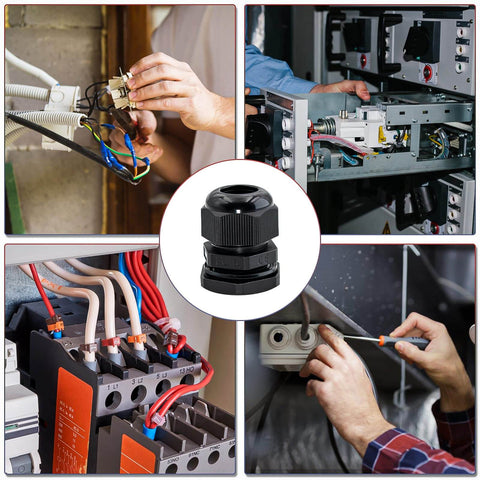 Collage of electrical installations with 25 Pack Nylon Plastic Cable Glands Waterproof Adjustable PG7 7/64 To 1/4 Inch 3mm To 6.5mm