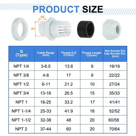 Product size chart for Six Pack Nylon Cable Glands One Half Inch NPT Waterproof Cord Grip Connectors For Six To Eleven Millimeter Wires With Gaskets And Locknuts, DIY Friendly And Easy Fit For Junction Boxes Gray.