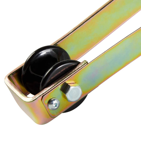 Close-up of Cable Rollers - Easy Rider Stringing Block with nylon rollers, steel frame for overlash construction, supports 1 inch cables.