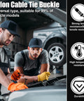 Mechanics using Universal Nylon Cable Tie Buckles with Wire Cutter 100 Pcs for cars in a garage, demonstrating easy installation.