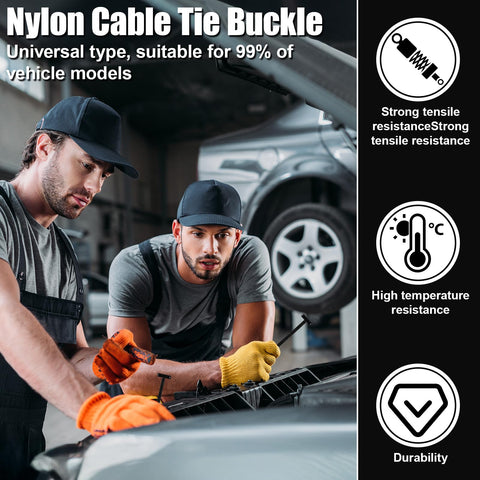 Mechanics using Universal Nylon Cable Tie Buckles with Wire Cutter 100 Pcs for cars in a garage, demonstrating easy installation.